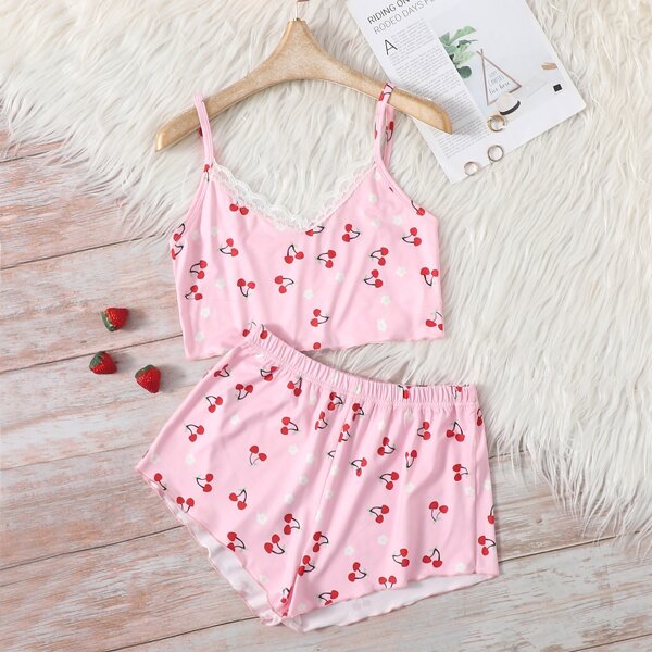 

Cherry Print Contrast Lace Pajama Set, Baby pink