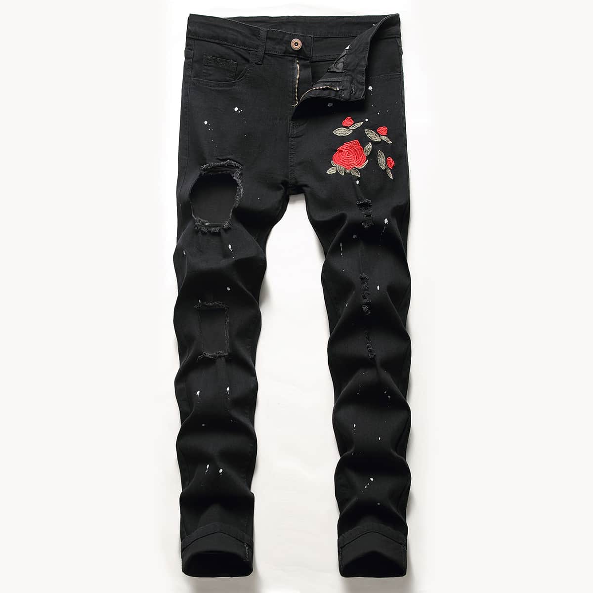 

Guys Rose Embroidery Ripped Jeans, Black