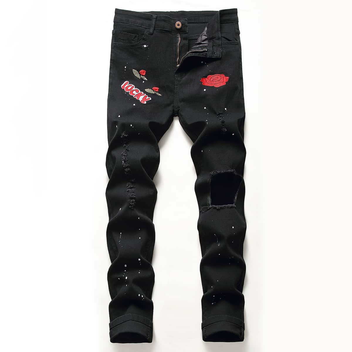 

Guys Letter Rose Embroidery Ripped Jeans, Black