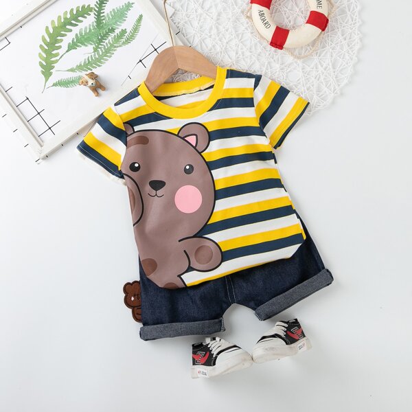 

Toddler Boys Cartoon Graphic Tee With Denim Shorts, Multicolor