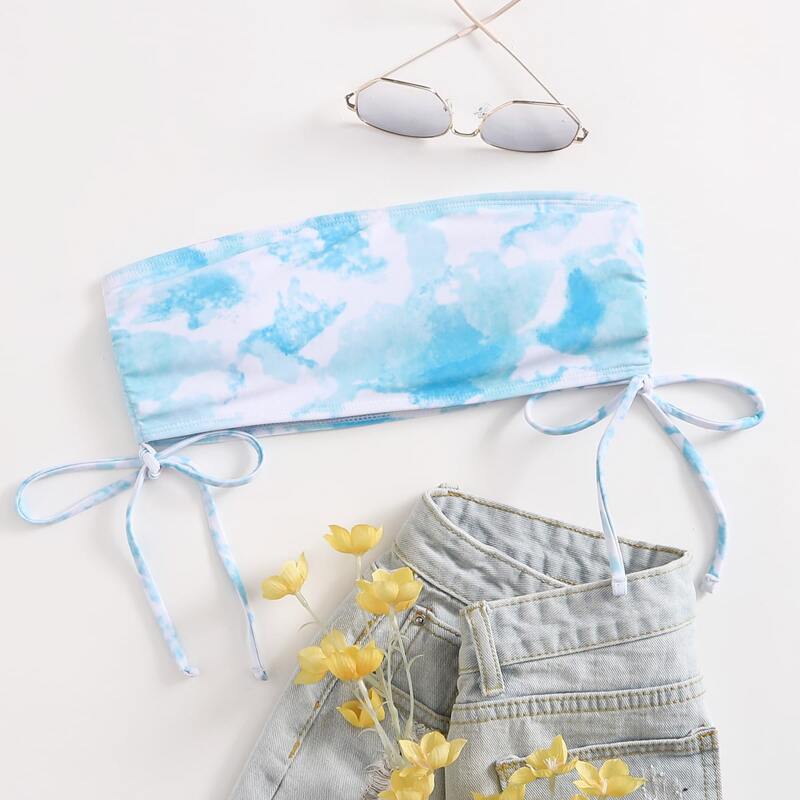 

Tie Dye Drawstring Bikini Top, Blue and white