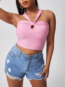 Áo hai dây Plus Size Cắt ra màu trơn Giải trí - Hồng - Xem 1