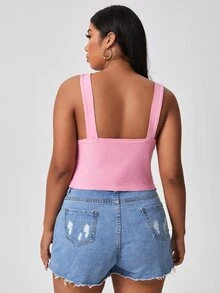 Áo hai dây Plus Size Cắt ra màu trơn Giải trí - Hồng - Xem 2