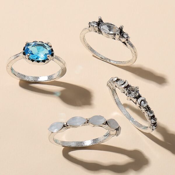 

4pcs Rhinestone Decor Ring, Silver