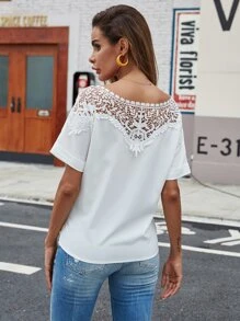 Camisa de cuello barco con encaje en contraste - Blanco - Ver 2