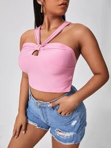 Áo hai dây Plus Size Cắt ra màu trơn Giải trí - Hồng - Xem 3