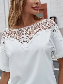 Camisa de cuello barco con encaje en contraste - Blanco - Ver 3