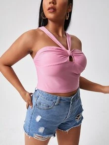 Áo hai dây Plus Size Cắt ra màu trơn Giải trí - Hồng - Xem 4
