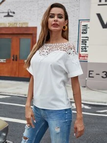 Camisa de cuello barco con encaje en contraste - Blanco - Ver 4