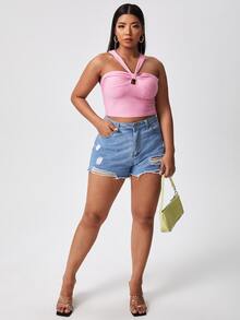 Áo hai dây Plus Size Cắt ra màu trơn Giải trí - Hồng - Xem 5