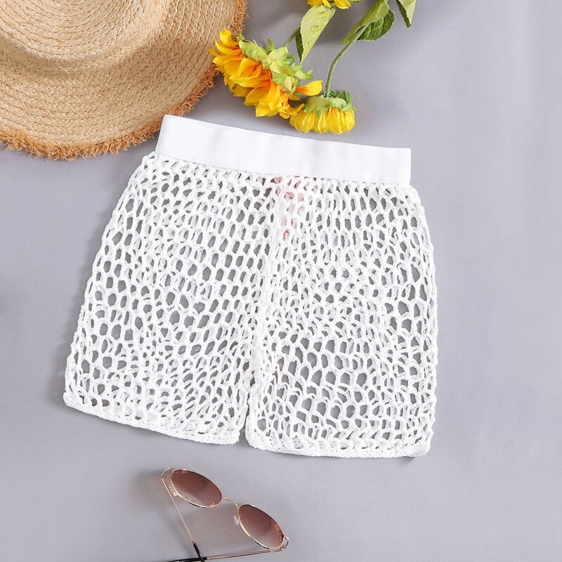 

Sheer Crochet Cover Up Shorts, White