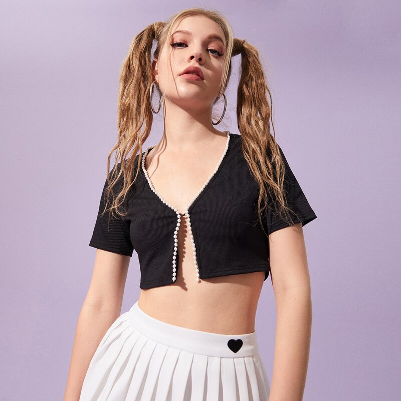 

Pearls Trim Crop Top, Black