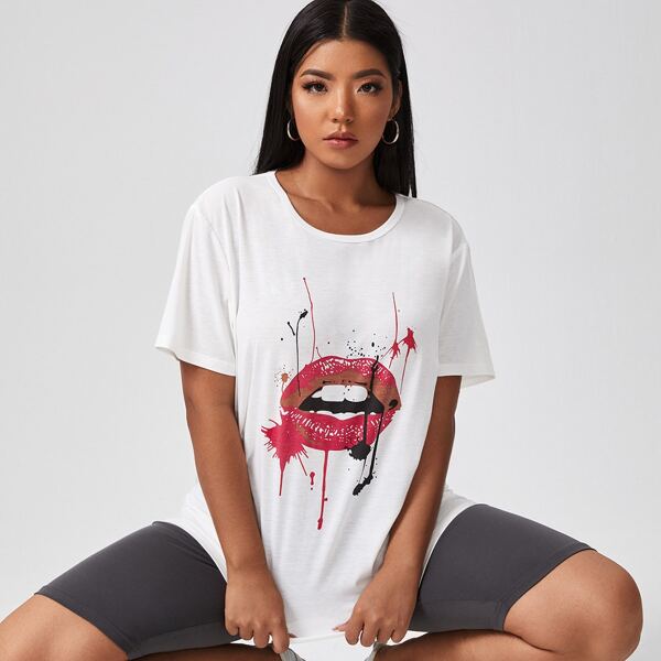 

Plus Lip Print Round Neck Tee, White