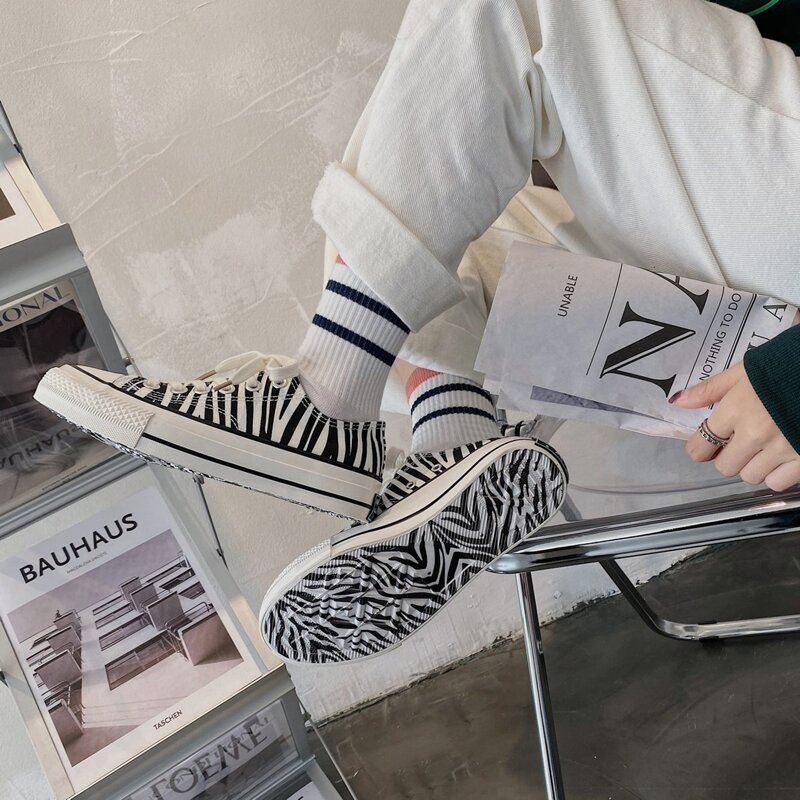 

Zebra Striped Lace-up Canvas Sneakers, Black and white