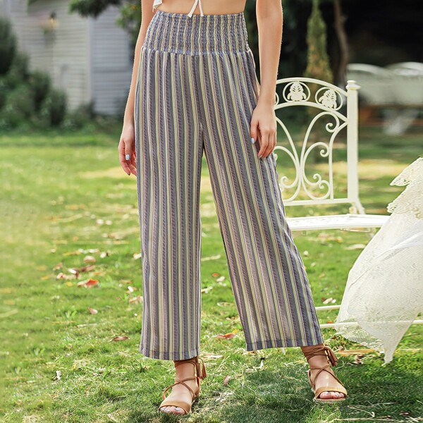 

Striped Print Shirred Waist Wide Leg Pants, Multicolor