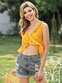 SHEIN WYWH Butterfly Print Ruffle Hem Crop Tank Top - Mustard Yellow - View 1