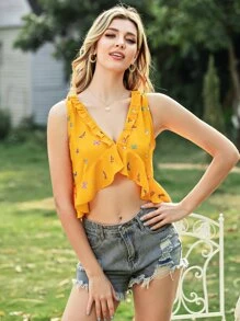 SHEIN WYWH Butterfly Print Ruffle Hem Crop Tank Top - Mustard Yellow - View 5