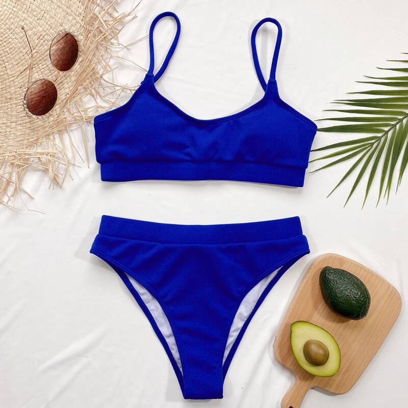 

Rib High Waisted Bikini Swimsuit, Royal blue