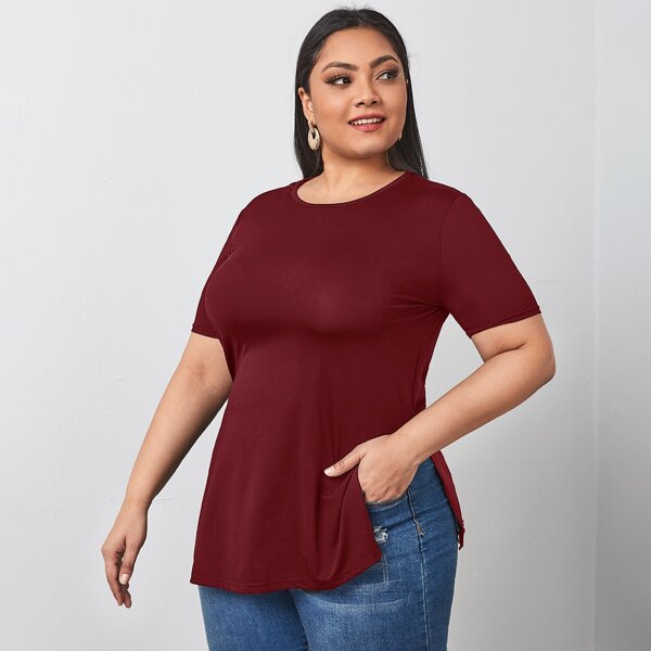 

Plus Solid Side Split Longline Tee, Burgundy