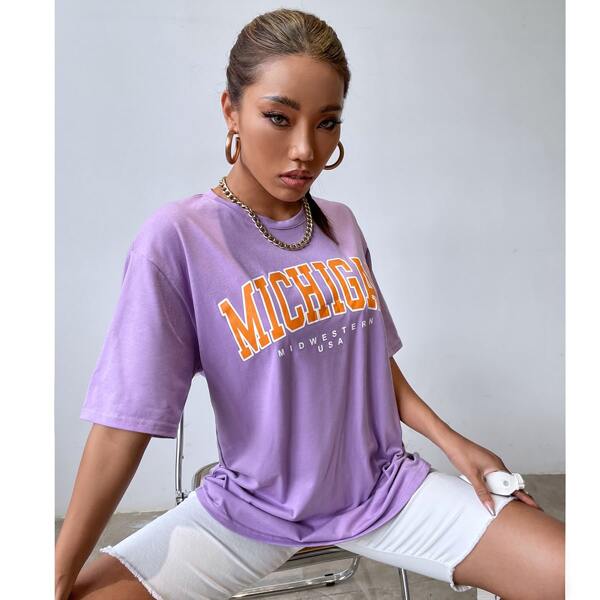 

Letter Graphic Drop Shoulder Oversized Tee, Lilac purple