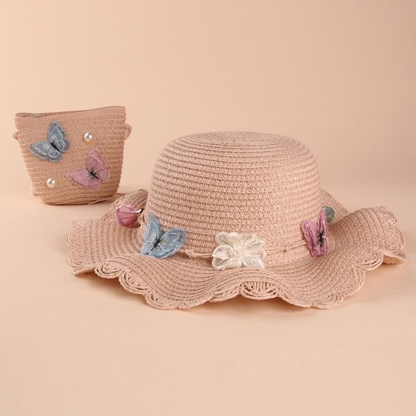 

Girls Butterfly Decor Straw Hat & Bag, Pink