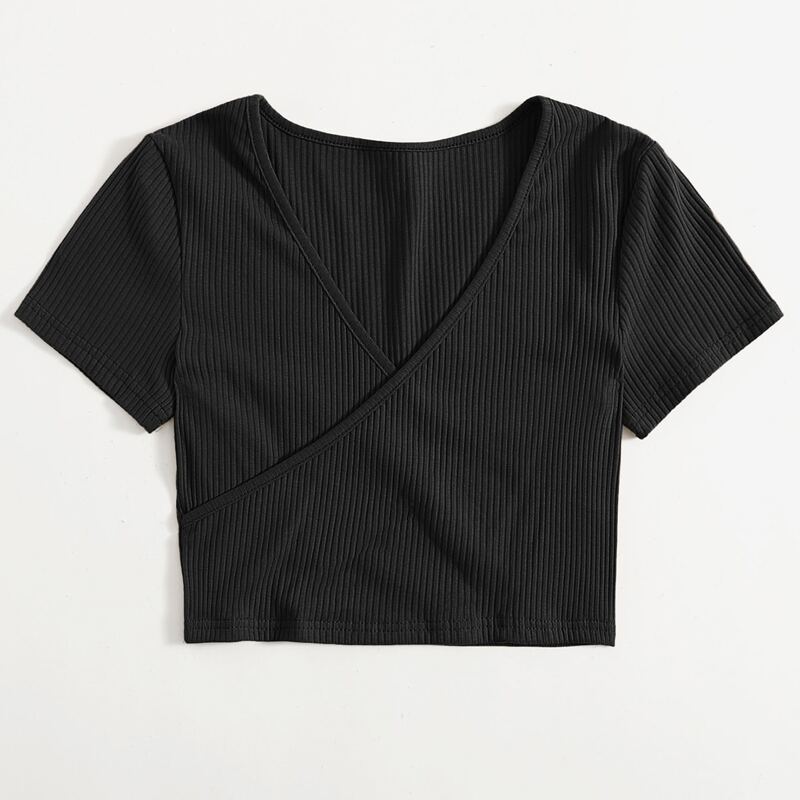 

Solid Wrap Ribbed Crop Tee, Black