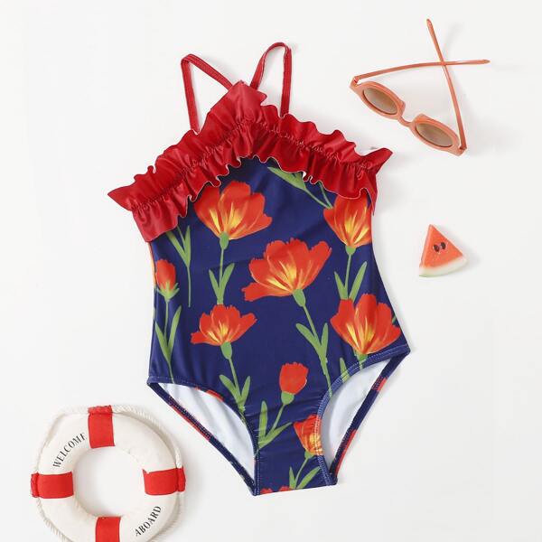 

Toddler Girls Floral Frill Trim One Piece Swimsuit, Multicolor