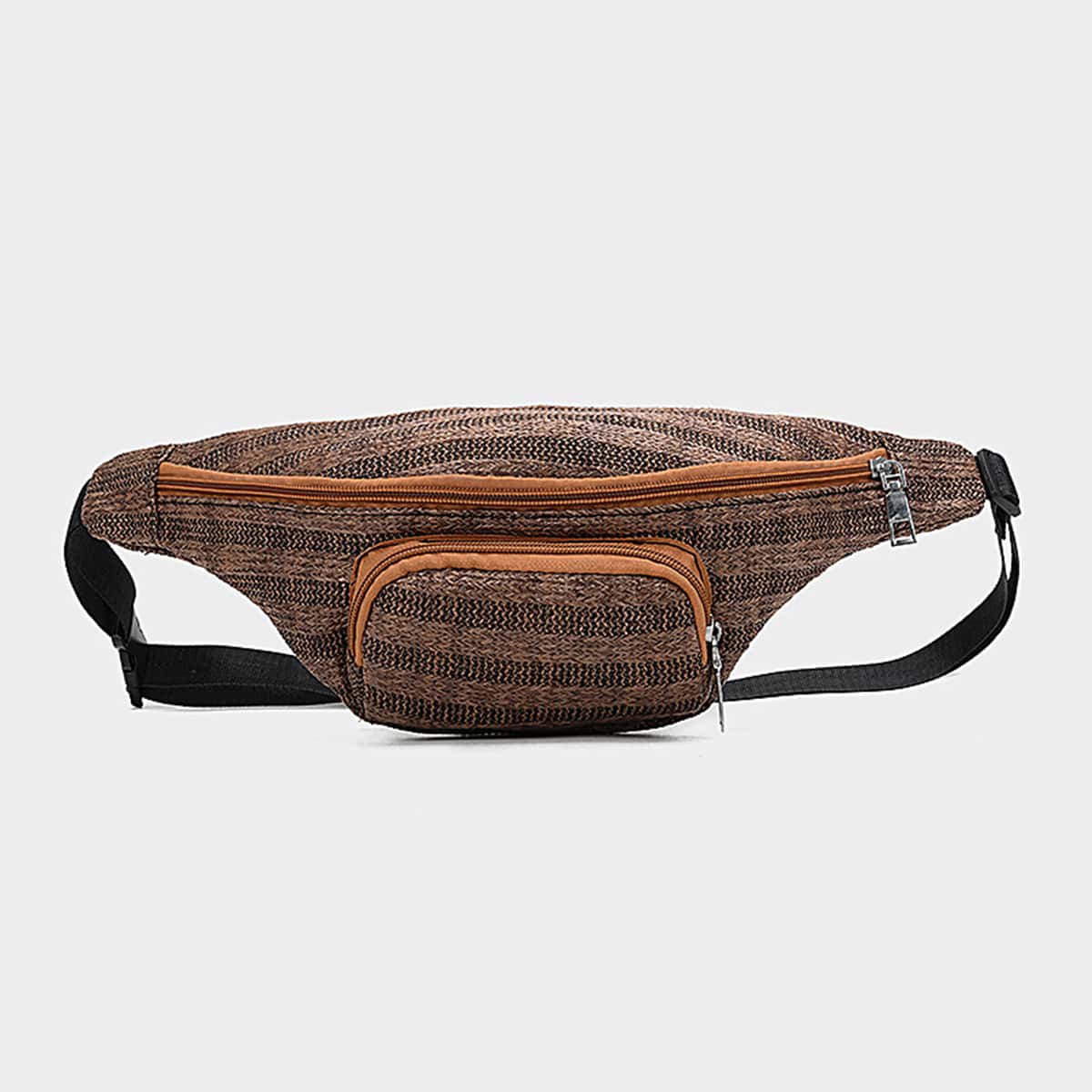 

Striped Pocket Front Fanny Pack, Coffee brown