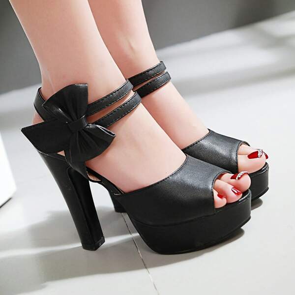 

Bow Decor Peep Toe High Heeled Pumps, Black