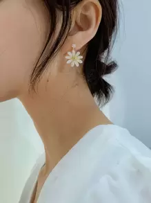 Flower Design Drop Earrings Valentines - Yellow Gold - View 1