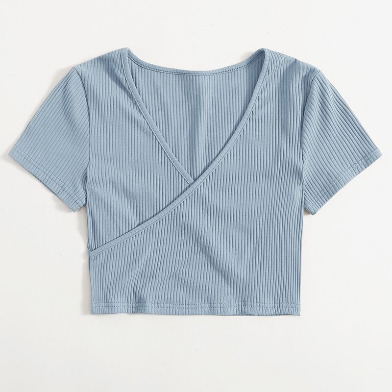 

Solid Wrap Ribbed Crop Tee, Dusty blue