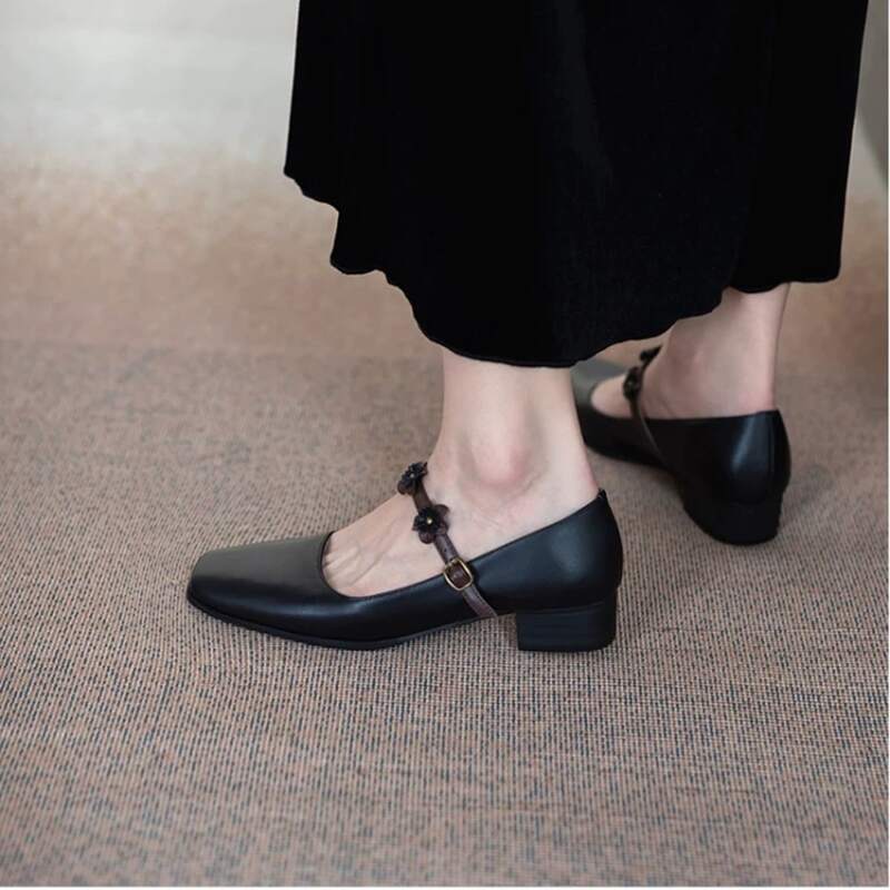 

Floral Strap Chunky Heeled Court Pumps, Black