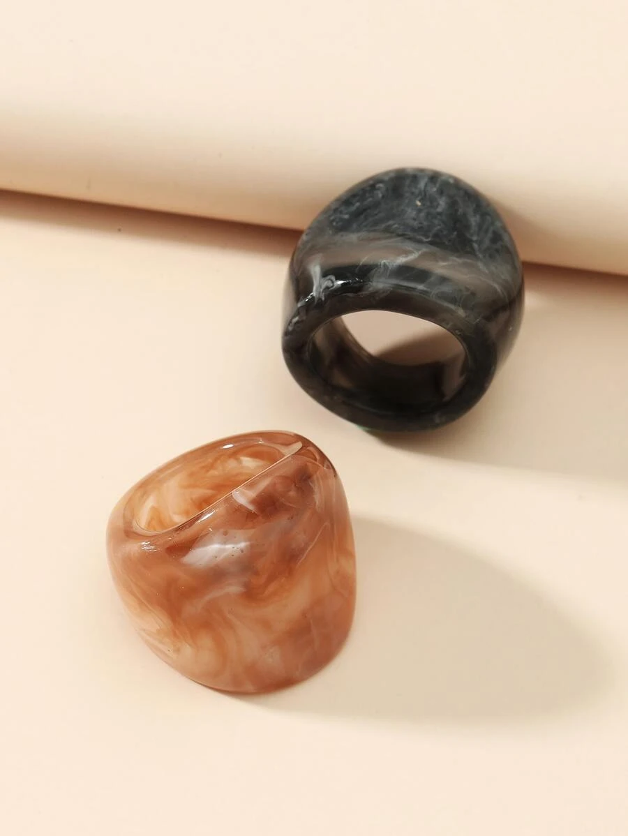 2件套黑色+香槟色树脂戒指套装 - 彩色 - 查看 1