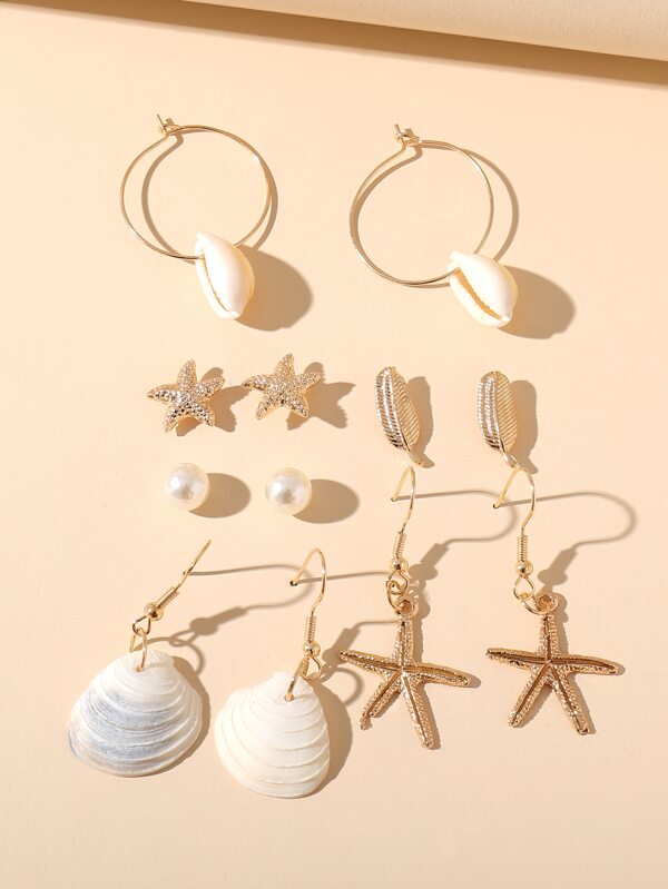 6 Pairs/Set Of Personalized Unique Style Natural Shell Combination Earrings, Women's Beach Vacation Party Jewelry Accessories, Birthday Gift