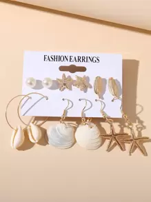 6 对/套个性化独特风格天然贝壳组合耳环，女士海滩度假派对珠宝配饰，生日礼物