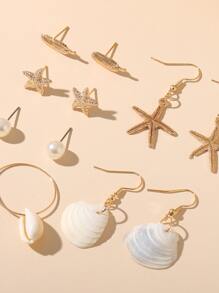 6 对/套个性化独特风格天然贝壳组合耳环，女士海滩度假派对珠宝配饰，生日礼物