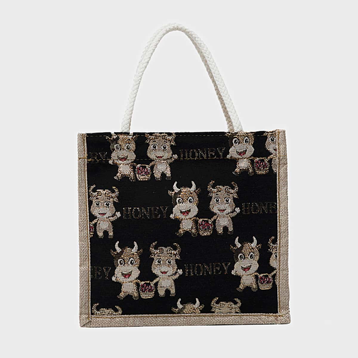 

Cartoon Cow Tote Bag, Black
