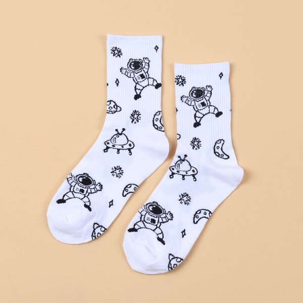 

Star Moon Print Crew Socks, Black and white