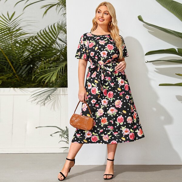 

Plus Allover Floral Print Belted Dress, Black