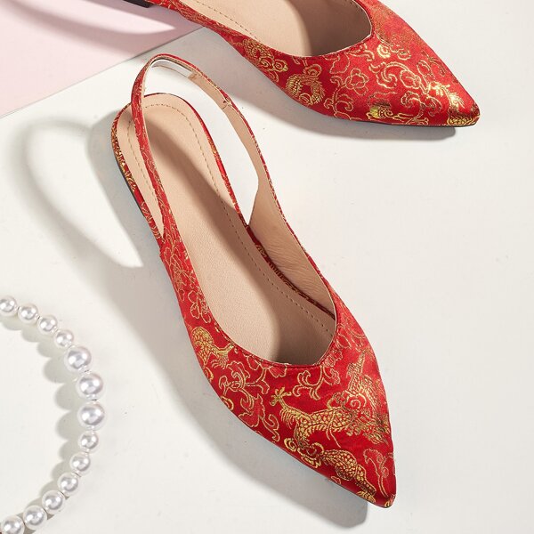 

Floral Graphic Satin Slingback Flats, Red