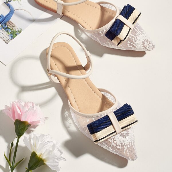 

Bow Decor Mesh Panel Flats, Apricot
