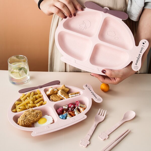 

1pc Cartoon Plate & 3pcs Cutlery Set, Pink