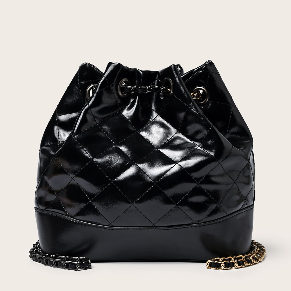 

Quilted Drawstring Bucket Bag, Black