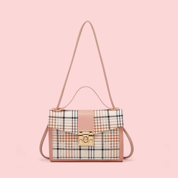 

Plaid Pattern Twist Lock Satchel Bag, Pink