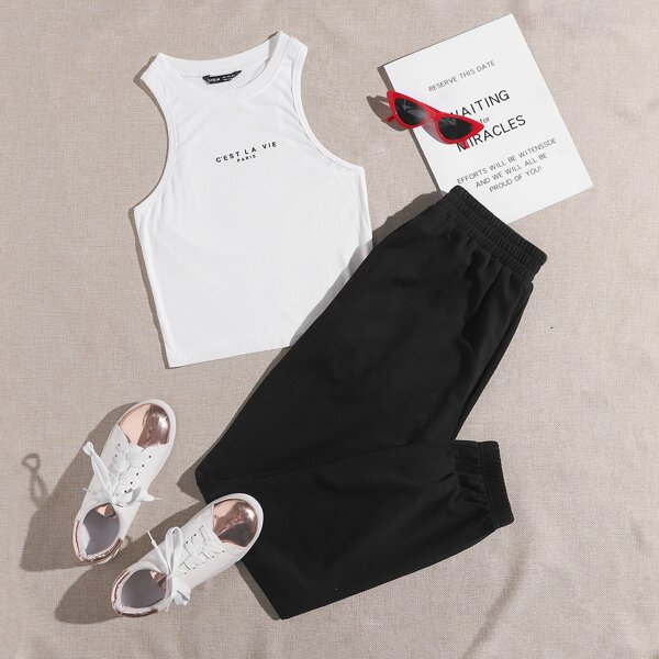 

Letter Graphic Tank Top & Sweatpants Set, Black and white