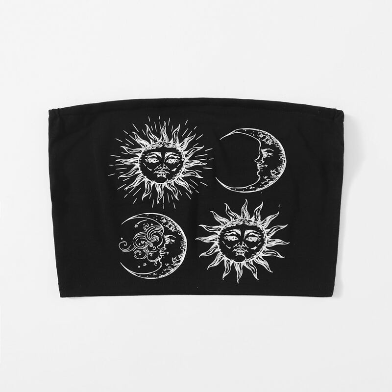 

Sun & Moon Graphic Crop Tube Top, Black