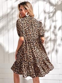 SHEIN Clasi Leopard Print Ruffle Hem Puff Sleeve Smock Dress - Multicolor - View 2