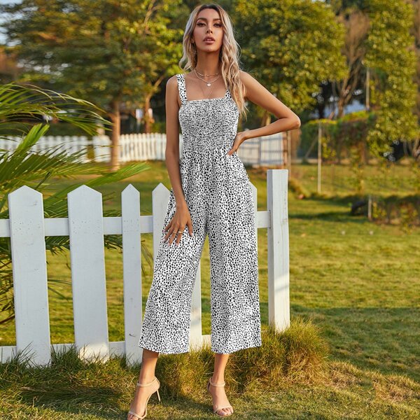 

Shirred Wide Leg Cami Jumpsuit, Black and white