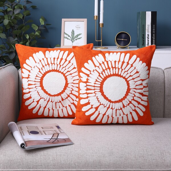 

1pc Flower Embroidery Cushion Cover Without Filler, Orange