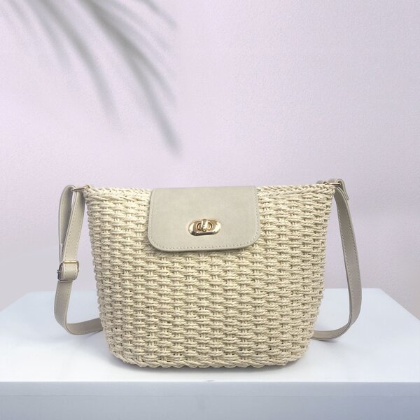 

Twist Lock Straw Bag, Beige